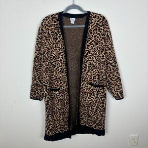 Chico's Leopard Print Long Line Cardigan XL Boho Knit Pocket Front Long Sleeve